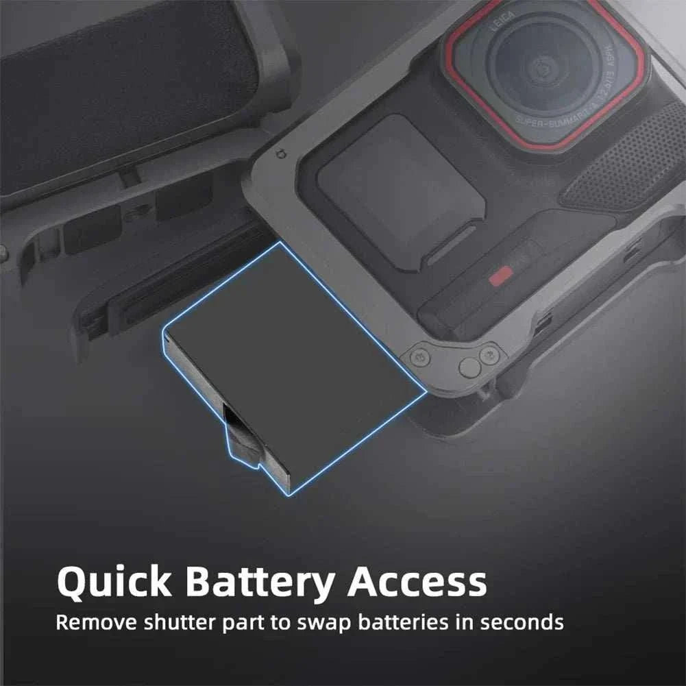 Insta360 Ace Pro 2 metal camera grip mount with quick release and ergonomic rubber handle for stable handheld shooting