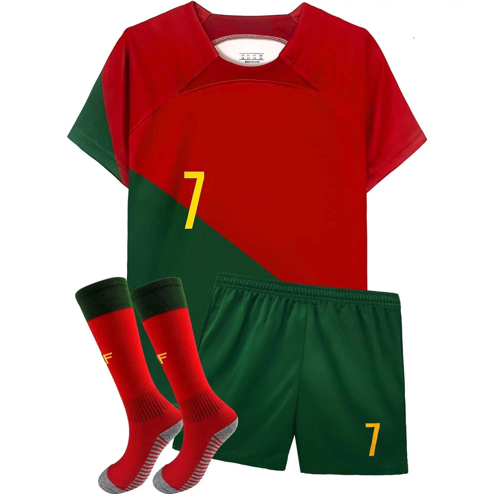 Kids soccer jerseys training kit set with lightweight polyester, short sleeves, and secure drawstring shorts for ages 7-13.