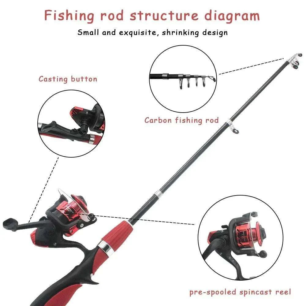 Kids telescopic fishing rod set with spinning reel and hooks in red and blue, lightweight and beginner-friendly design.