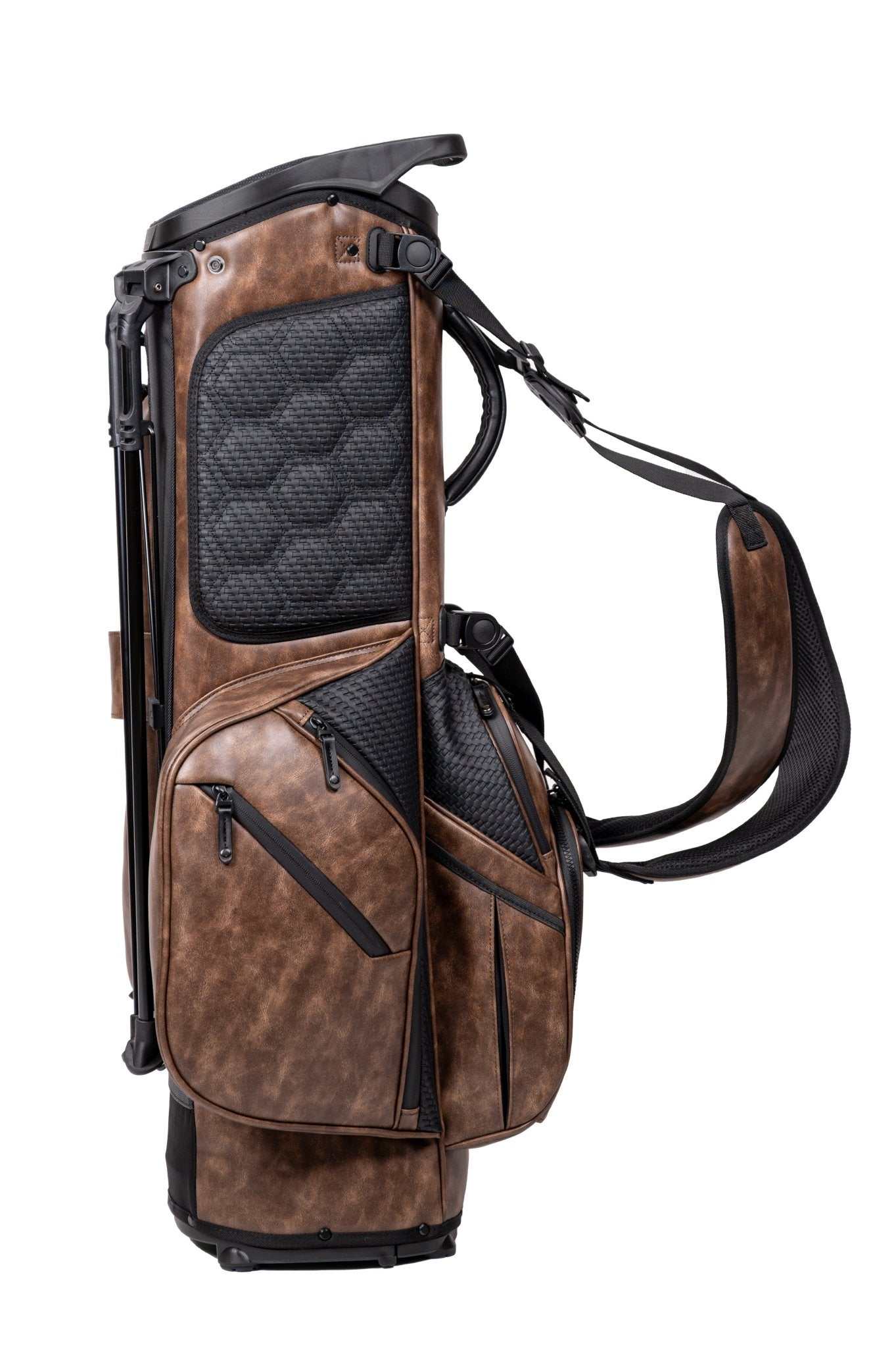 KRADUL LUX G Exotics 8.5" carry bag in weathered vegan leather with wicker weave accents and 4-way top for golf clubs