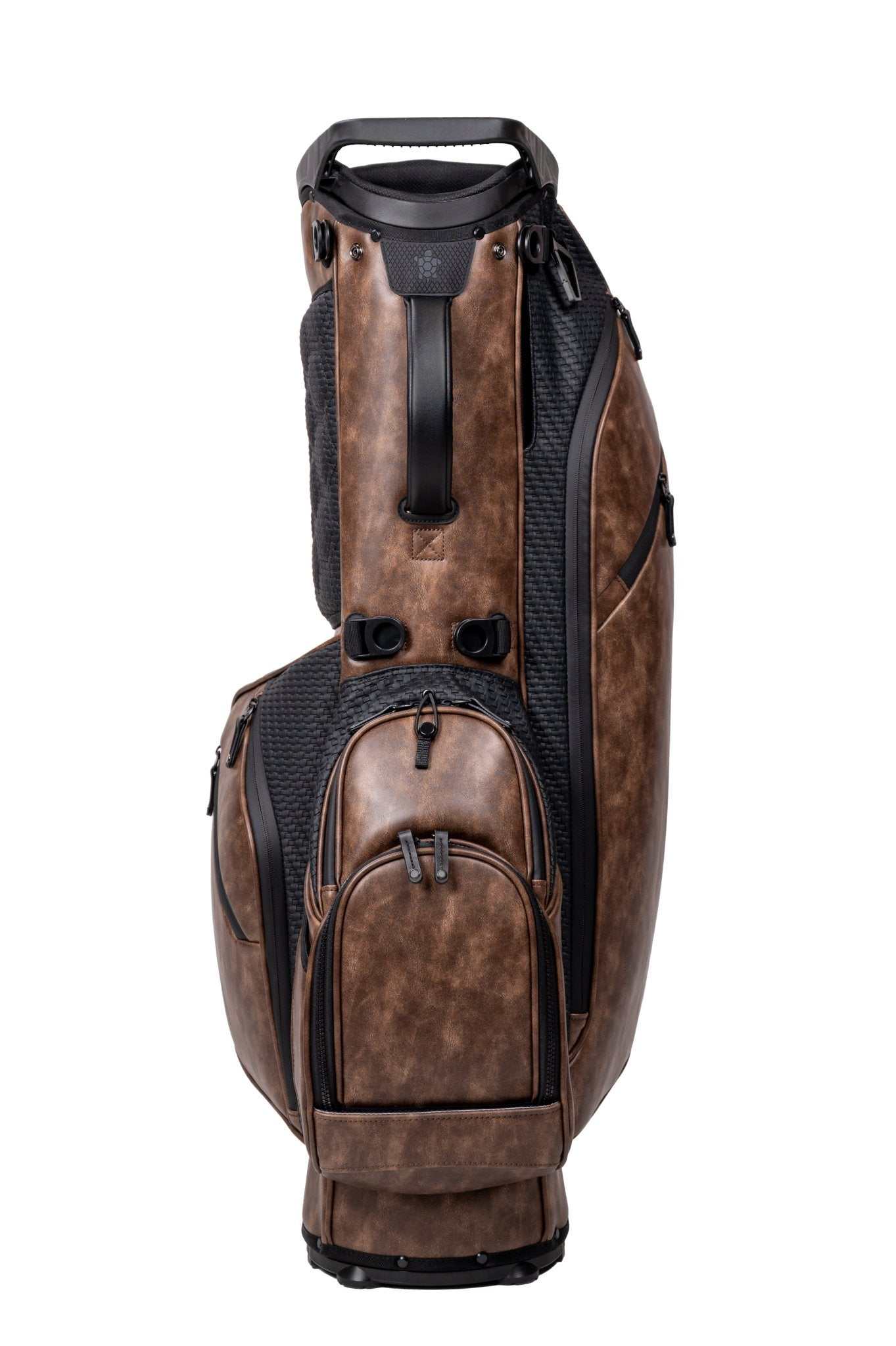 KRADUL LUX G Exotics 8.5" carry golf bag in weathered vegan leather with wicker weave accents and 4-way top divider