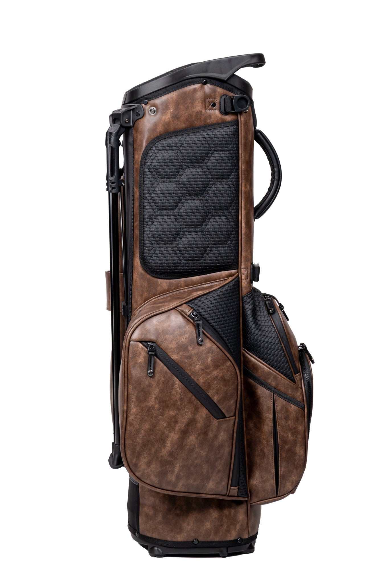 KRADUL LUX G Exotics 8.5" carry golf bag in weathered vegan leather with wicker weave accents and 4-way top organizer