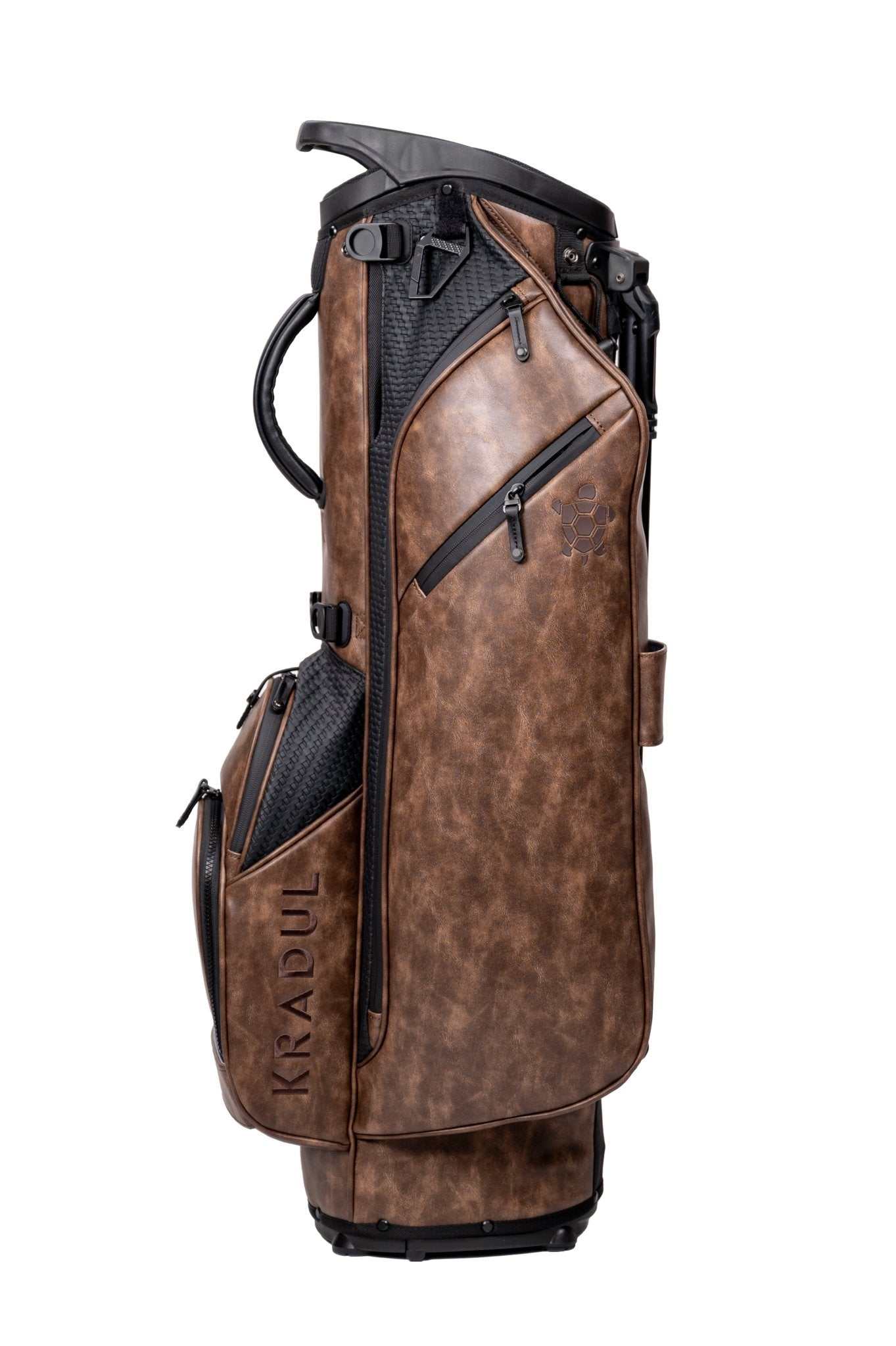 KRADUL LUX G Exotics 8.5" carry bag in weathered vegan leather with wicker weave accents and 4-way top golf bag design