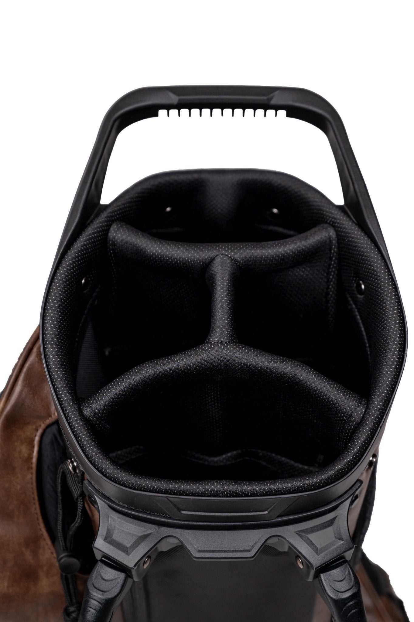 KRADUL LUX G Exotics 8.5" golf carry bag with weathered vegan leather and wicker weave accents, featuring 4-way top and custom storage pockets