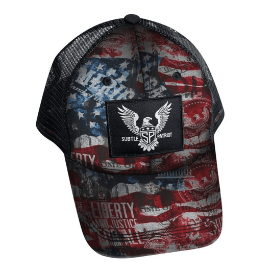 KRADUL Patriot Trucker Hat with 3D embroidered patch and adjustable snapback, breathable mesh back, and patriotic design