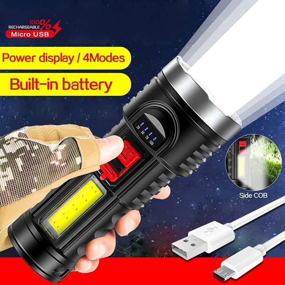 USB rechargeable LED flashlight with 4 modes, IPX4 waterproof, built-in battery, and aluminum lamp cup for outdoor and emergency use