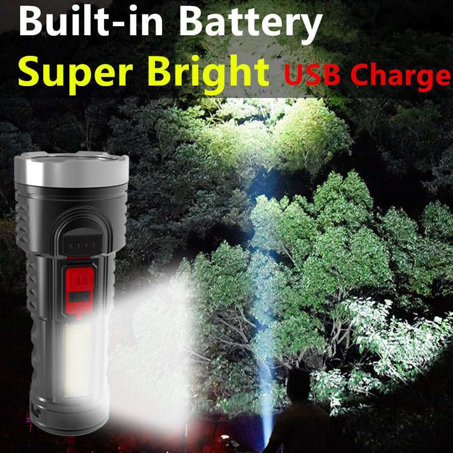 USB rechargeable LED flashlight with 4 modes, IPX4 waterproof, and built-in battery