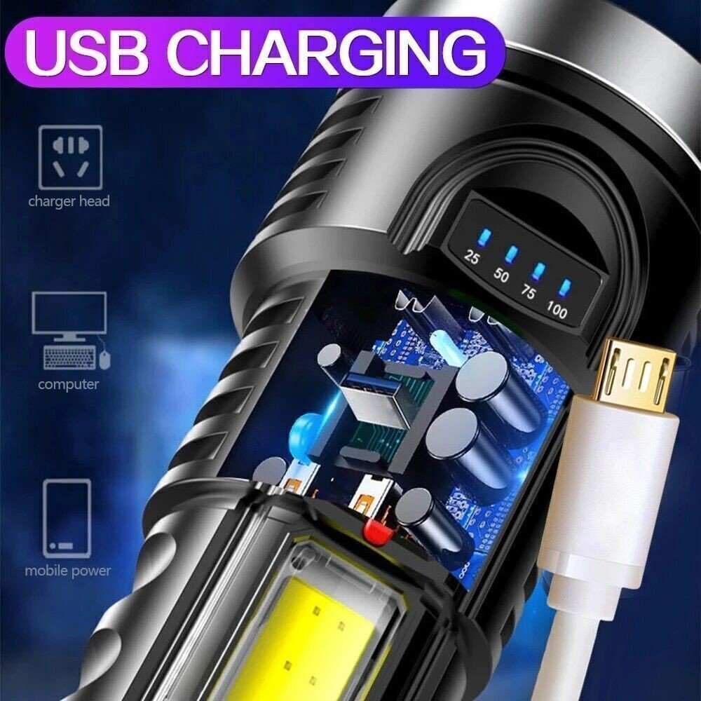 USB rechargeable LED flashlight with 4 modes, IPX4 waterproof, built-in battery, and compact design
