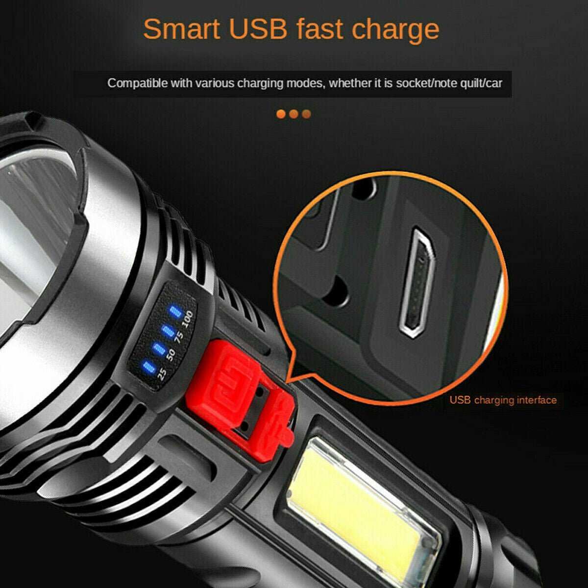 USB rechargeable LED flashlight with 4 modes, waterproof, built-in battery, and compact design