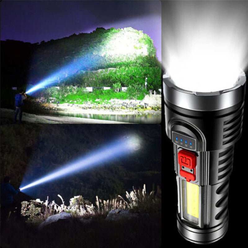 USB rechargeable LED flashlight with 4 modes, IPX4 waterproof, built-in battery, and compact design