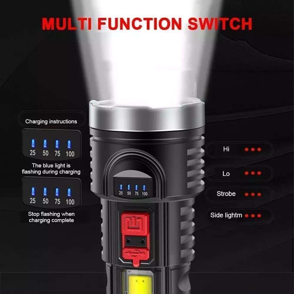 USB rechargeable LED flashlight with 4 modes, waterproof and built-in battery
