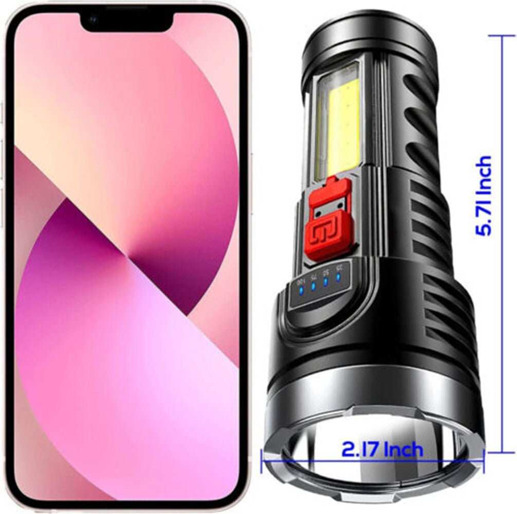 USB rechargeable LED flashlight with 4 modes, waterproof, built-in battery, and compact design