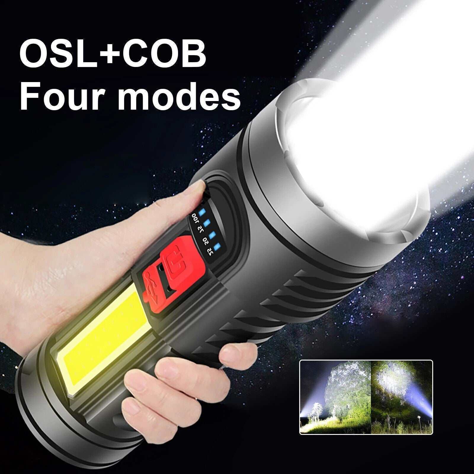 Compact USB rechargeable LED flashlight with 4 lighting modes and waterproof design