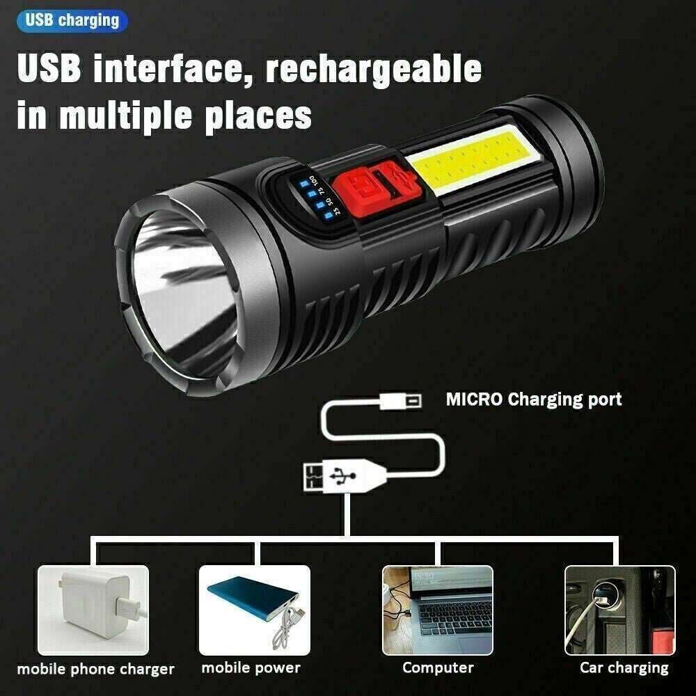 USB rechargeable LED flashlight with 4 modes, IPX4 waterproof, and built-in battery for versatile outdoor lighting