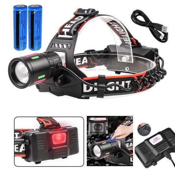 USB Rechargeable LED Headlamp with zoom and 3 lighting modes for outdoor camping and hiking