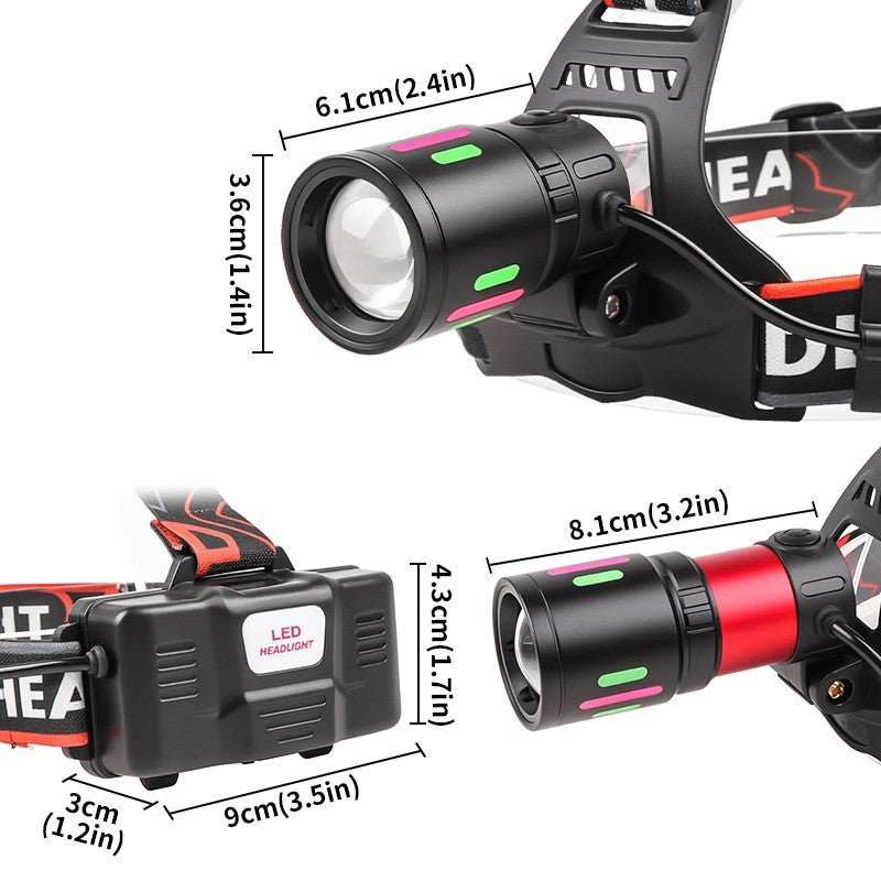 USB rechargeable LED headlamp with zoomable beam and 3 lighting modes for camping and outdoor use