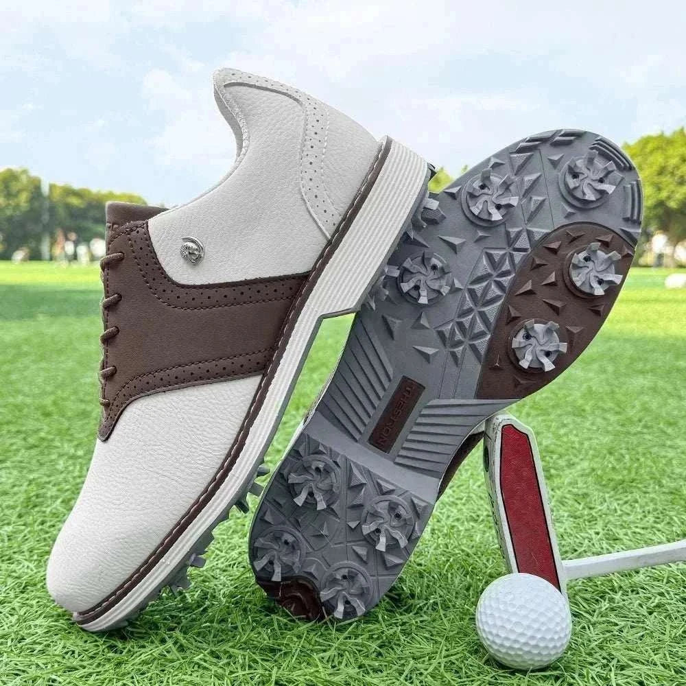 Men’s spiked golf shoes with EVA massage insole, PU upper, rubber outsole, lace-up closure, and sizes 7–14