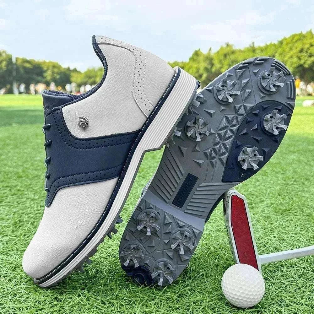 Men’s spiked golf shoes with EVA massage insole, PU upper, rubber outsole, and lace-up closure in sizes 7-14