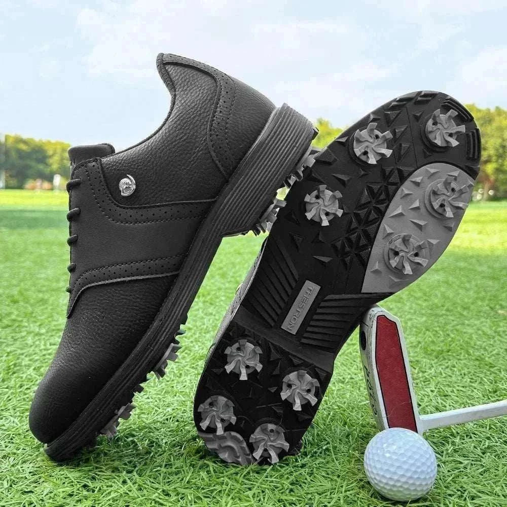 Men’s spiked golf shoes with EVA massage insole, PU upper, rubber outsole, lace-up closure, sizes 7-14