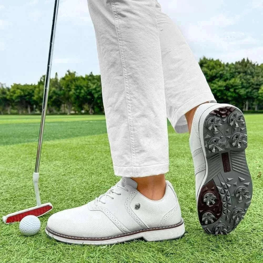 Men’s spiked golf shoes with EVA massage insole, PU upper, rubber outsole, lace-up closure, available in sizes 7-14