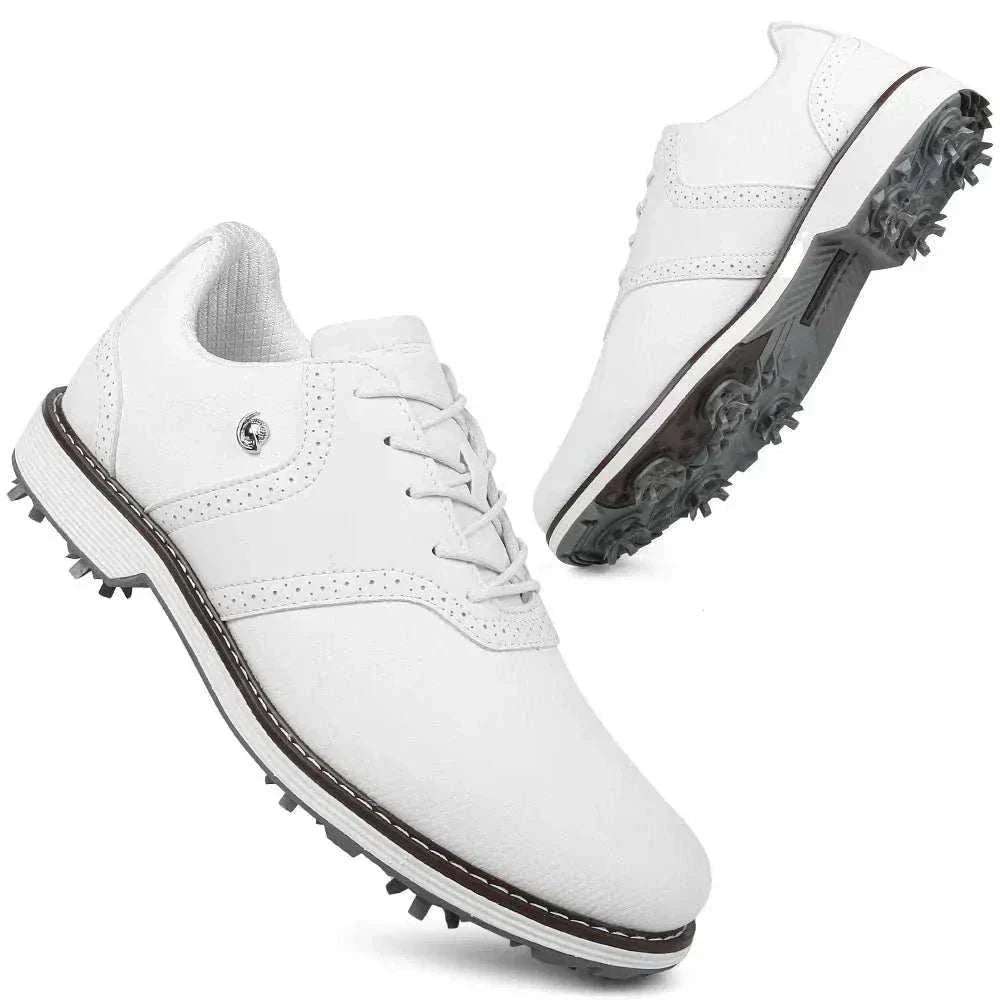 Men’s spiked golf shoes with EVA massage insole, PU upper, rubber outsole, lace-up closure, sizes 7–14 designed for comfort and stability on dry courses
