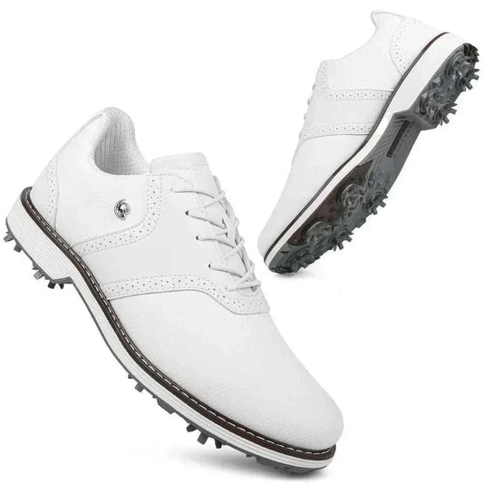 Men’s spiked golf shoes with EVA massage insole, PU upper, rubber outsole, lace-up closure, sizes 7–14 designed for comfort and stability on dry courses