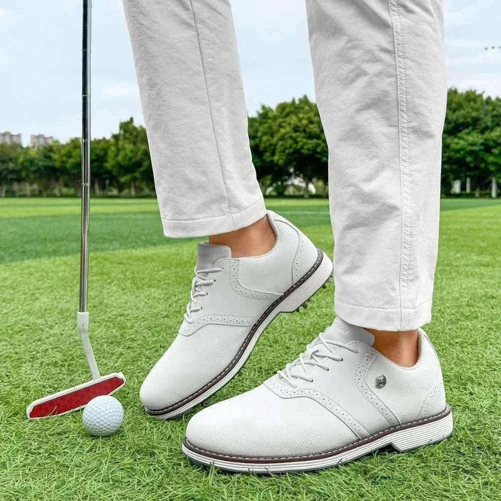 Men’s spiked golf shoes with EVA massage insole, PU upper, rubber outsole, lace-up closure, available in sizes 7–14