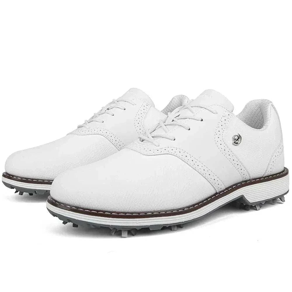 Men’s spiked golf shoes with EVA massage insole, PU upper, and rubber outsole, shown in black with lace-up closure.