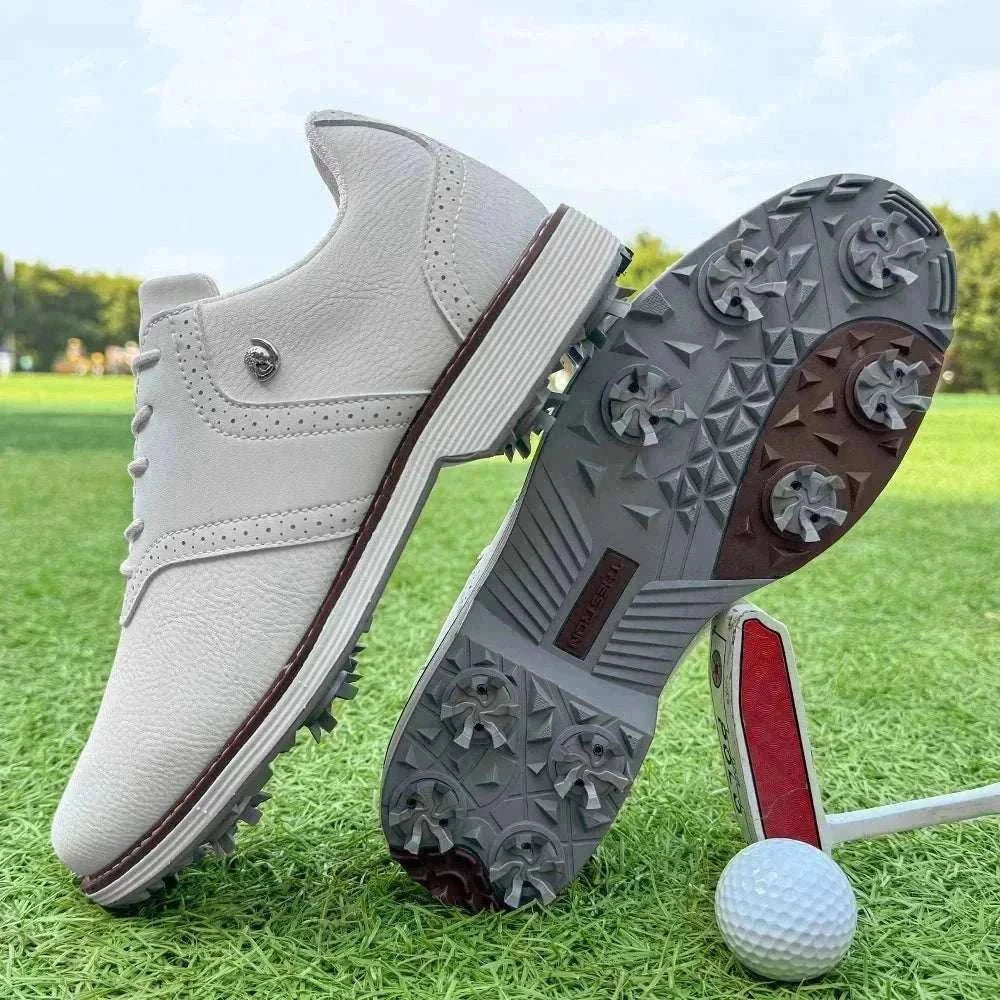 Men’s spiked golf shoes with EVA massage insole, PU upper, rubber outsole, lace-up closure, sizes 7-14