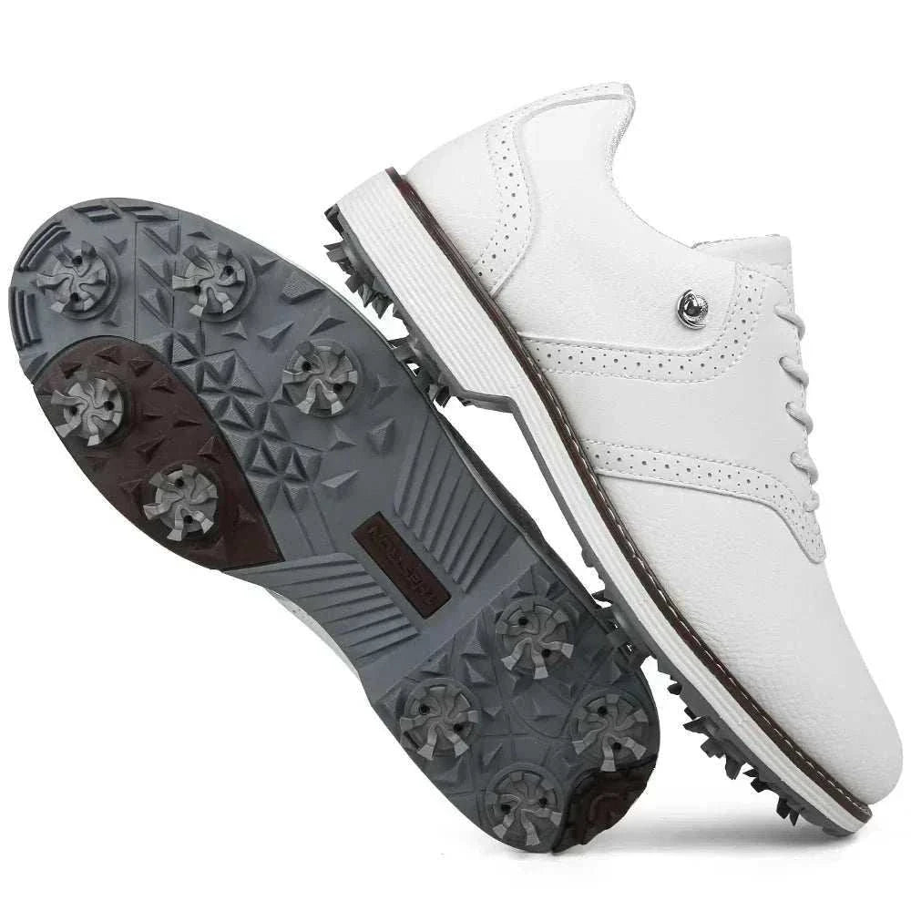 Men’s spiked golf shoes with EVA massage insole, PU upper, rubber outsole, and lace-up closure in sizes 7–14