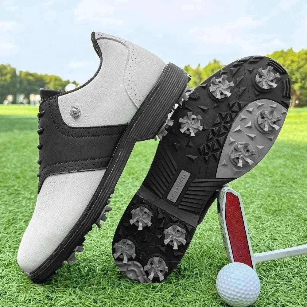 Men’s spiked golf shoes with EVA massage insole, PU upper, rubber outsole, lace-up closure, available in sizes 7–14