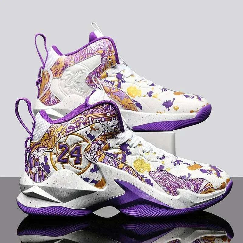 Men’s high-top basketball shoes with non-slip sole and breathable graffiti design