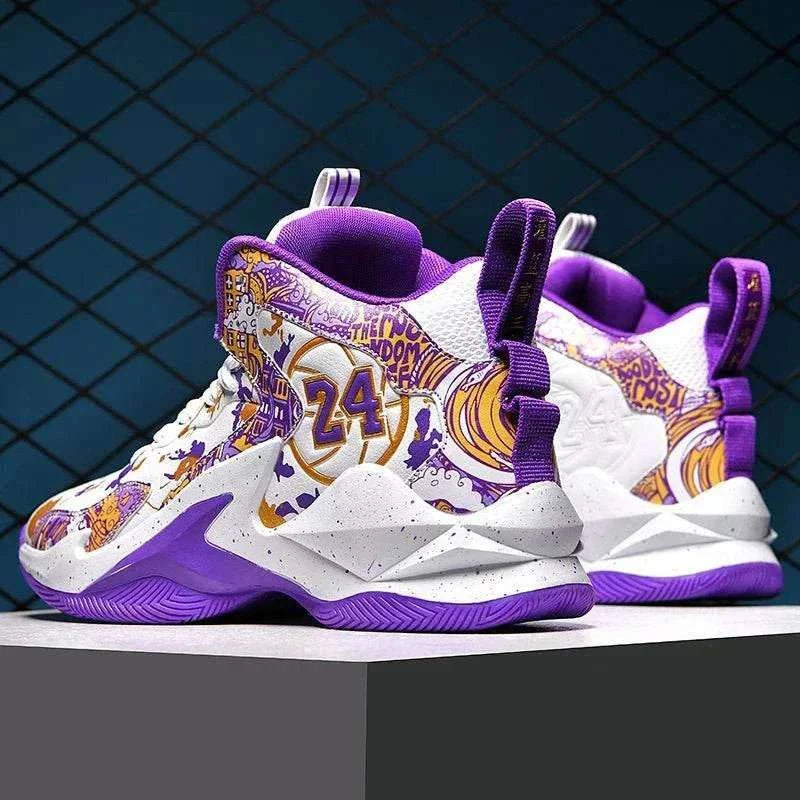 Men’s high-top basketball shoes with non-slip rubber outsole, breathable PU upper, graffiti style, and lace-up closure in sizes 39–48