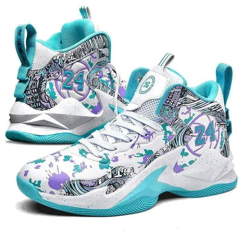 Men’s high-top basketball shoes with graffiti style, non-slip rubber outsole, and breathable PU upper in sizes 39–48