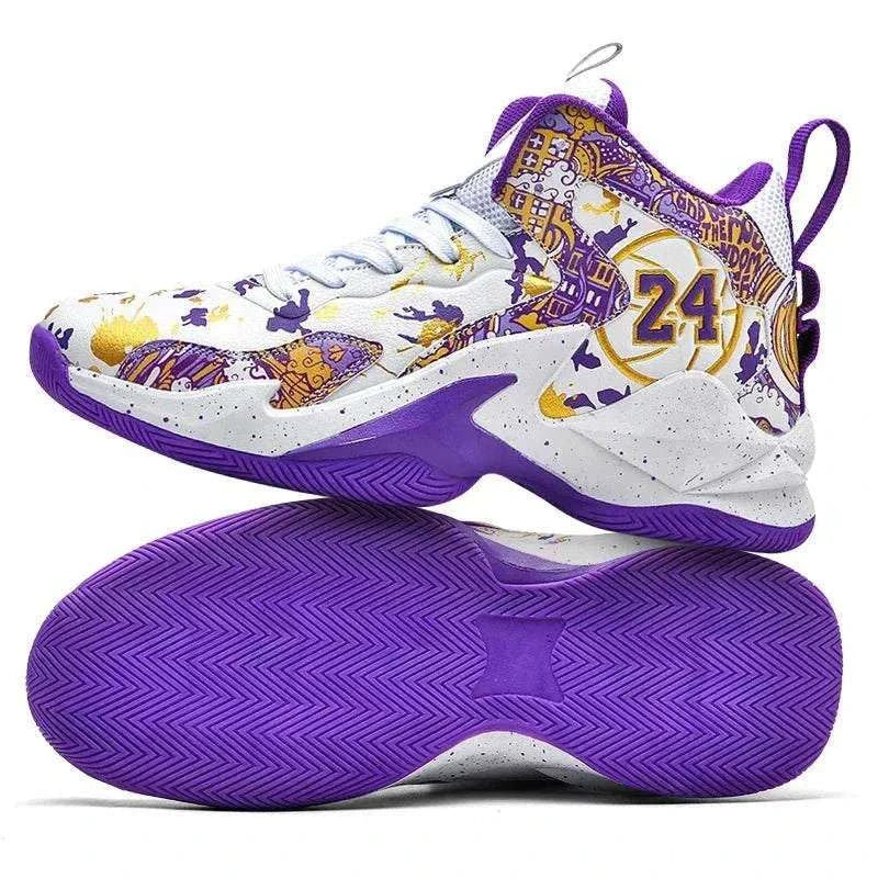 Men’s high-top basketball shoes with non-slip sole, breathable PU upper, graffiti design, available in sizes 39–48