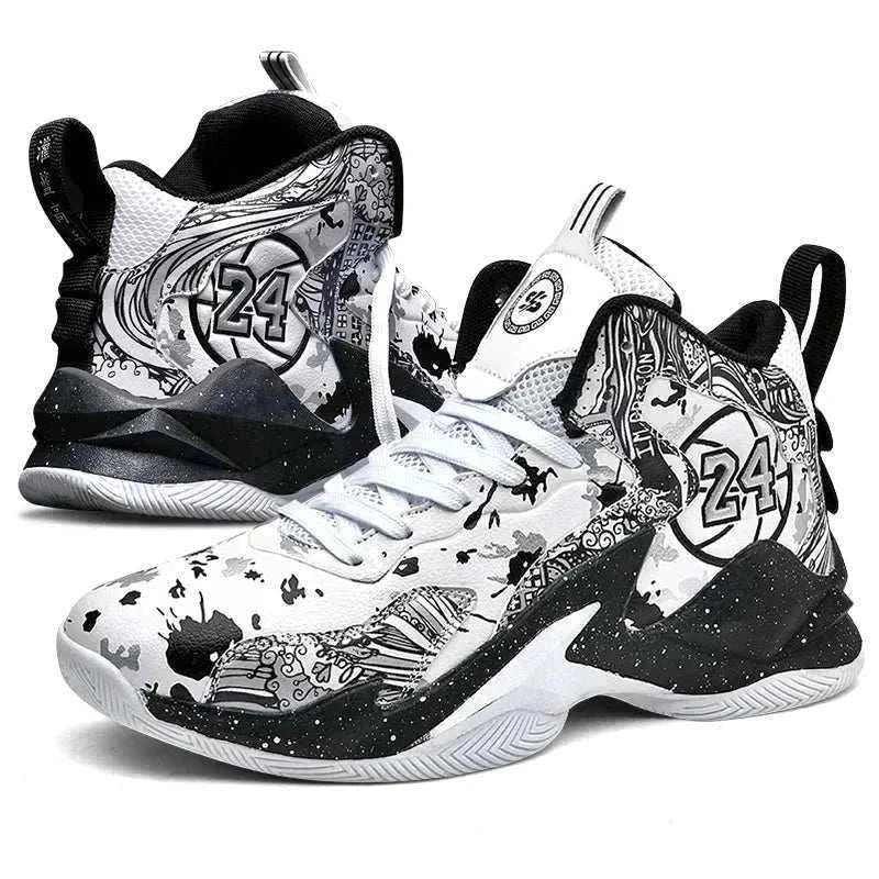 Men’s high-top basketball shoes with non-slip outsole, breathable upper, graffiti design, and lace-up closure in sizes 39–48