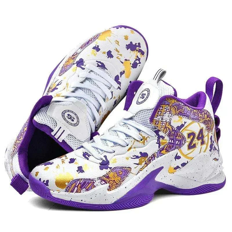 Men’s high-top basketball shoes with non-slip outsole, breathable graffiti-style upper, and lace-up closure in sizes 39–48