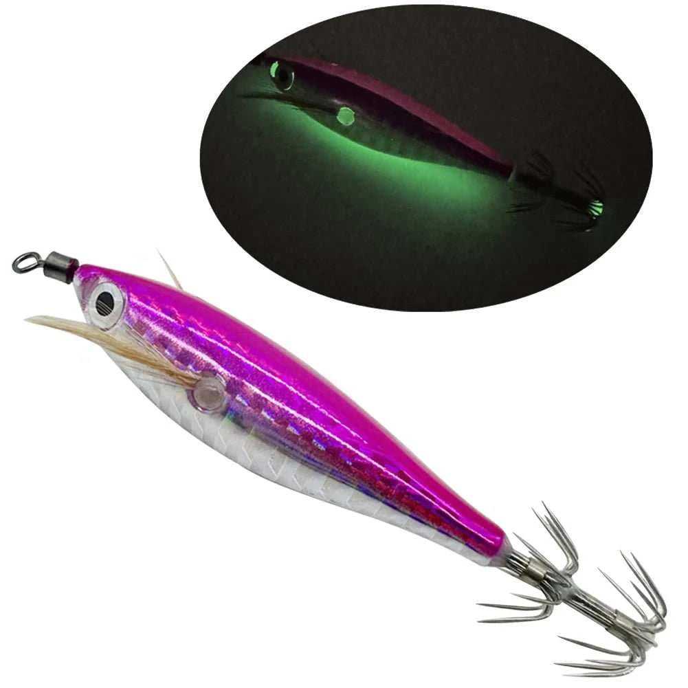 Luminous fishing bait octopus cuttlefish squid lure glowing in dark water with hooks