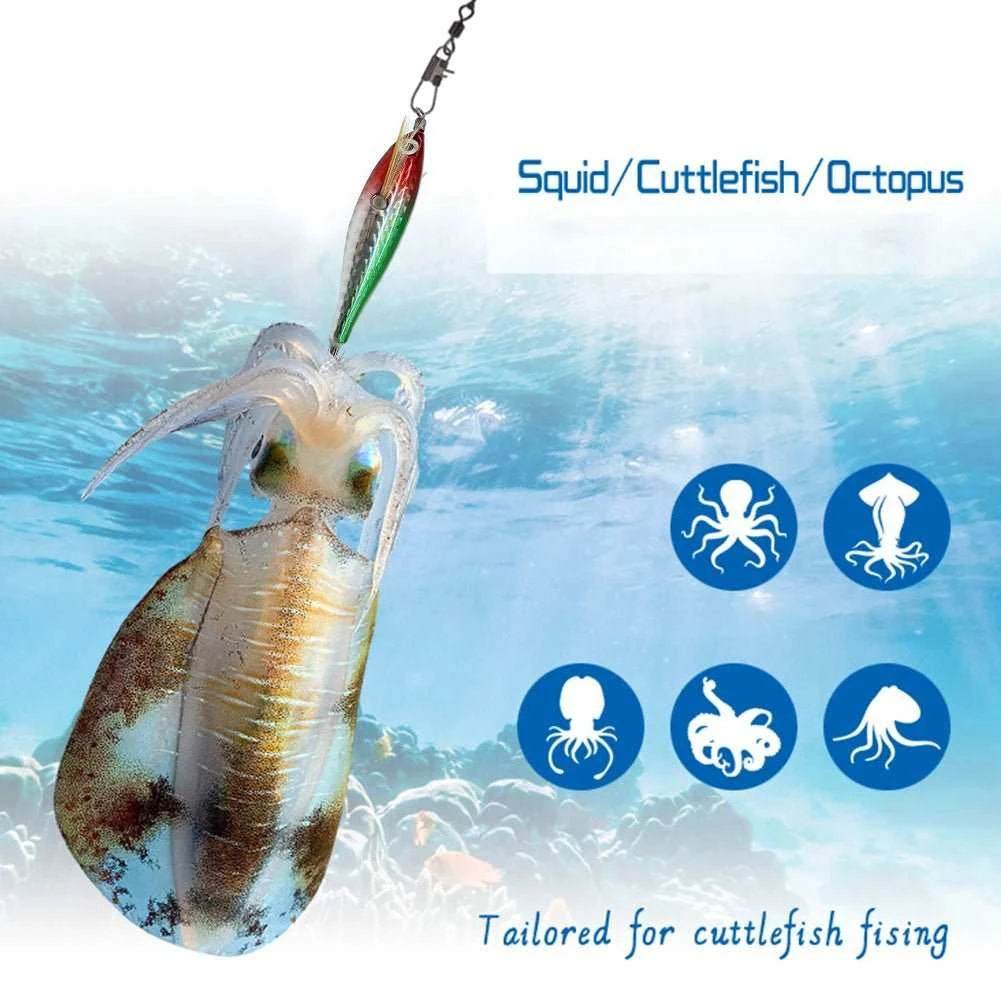 Luminous fishing bait octopus cuttlefish squid lure glowing in dark water with steel hooks and fluorescent colors