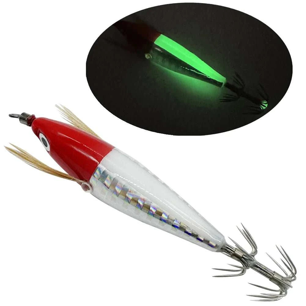 Luminous fishing bait octopus cuttlefish squid lure glowing in dark water with hooks