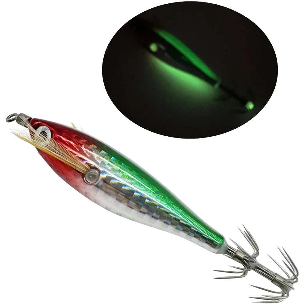 Luminous fishing bait octopus cuttlefish squid lure glowing in dark water with corrosion-resistant steel hooks