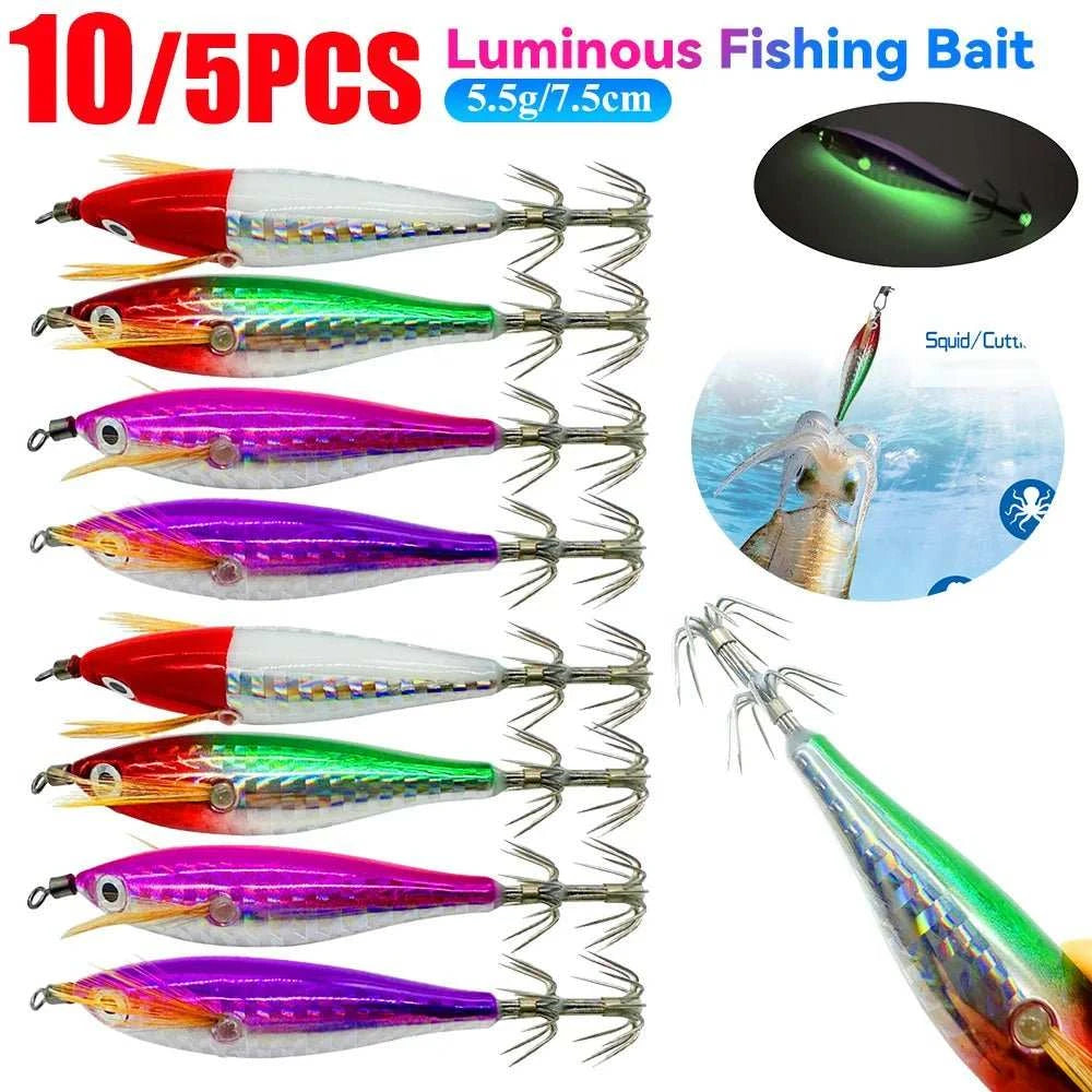 Luminous octopus cuttlefish squid bait lure glowing bright for ocean fishing with corrosion-resistant hooks