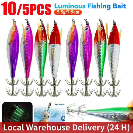 Luminous octopus cuttlefish squid bait lure glowing in ocean water for night fishing with corrosion-resistant hooks