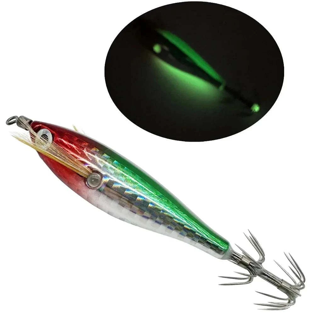 Luminous octopus cuttlefish squid bait lure glowing for night ocean fishing with secure hooks and fluorescent cover