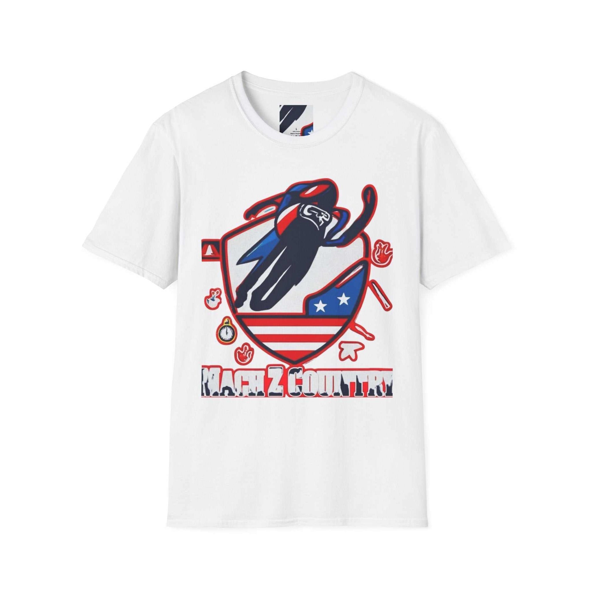 Mach Z Patriotic Ski Shield T Shirt with red, white, and blue country graphic on front