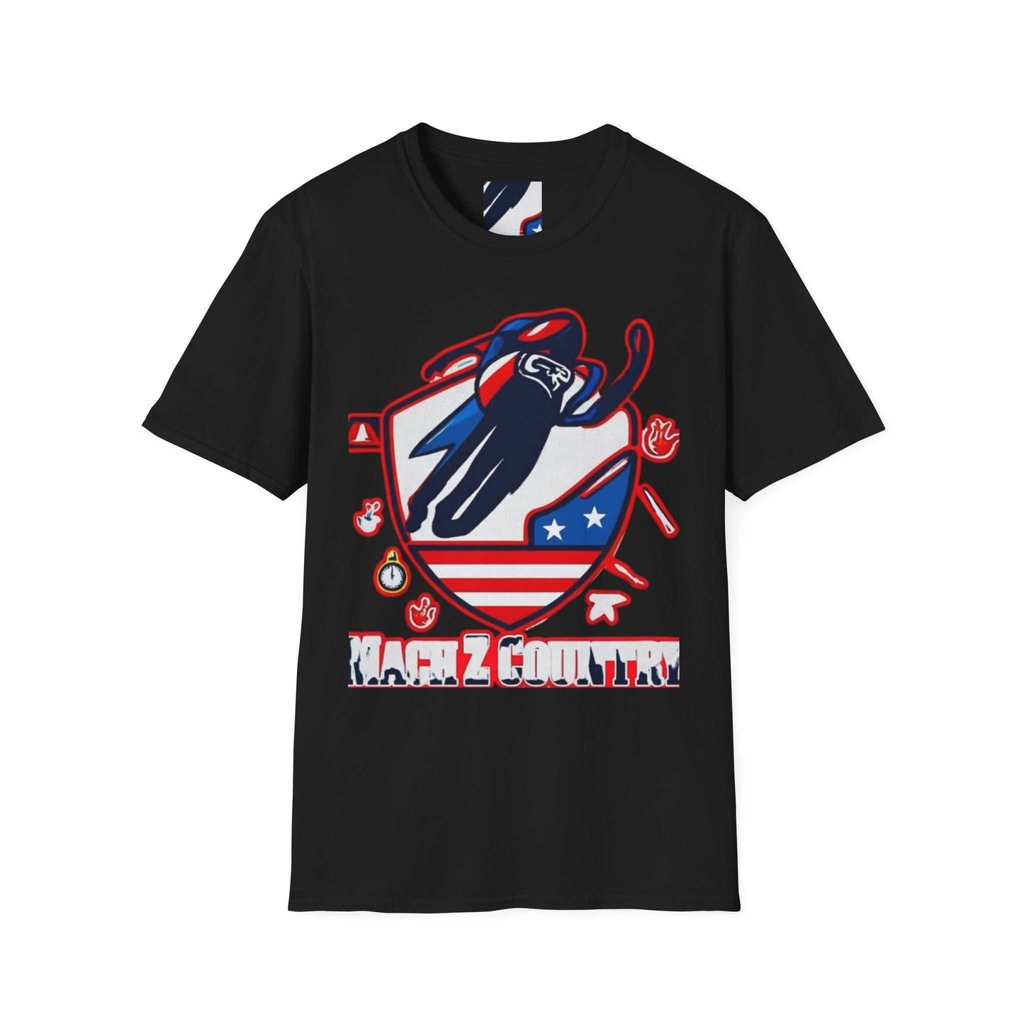 Mach Z Patriotic Ski Shield T Shirt with country graphic and size guide table