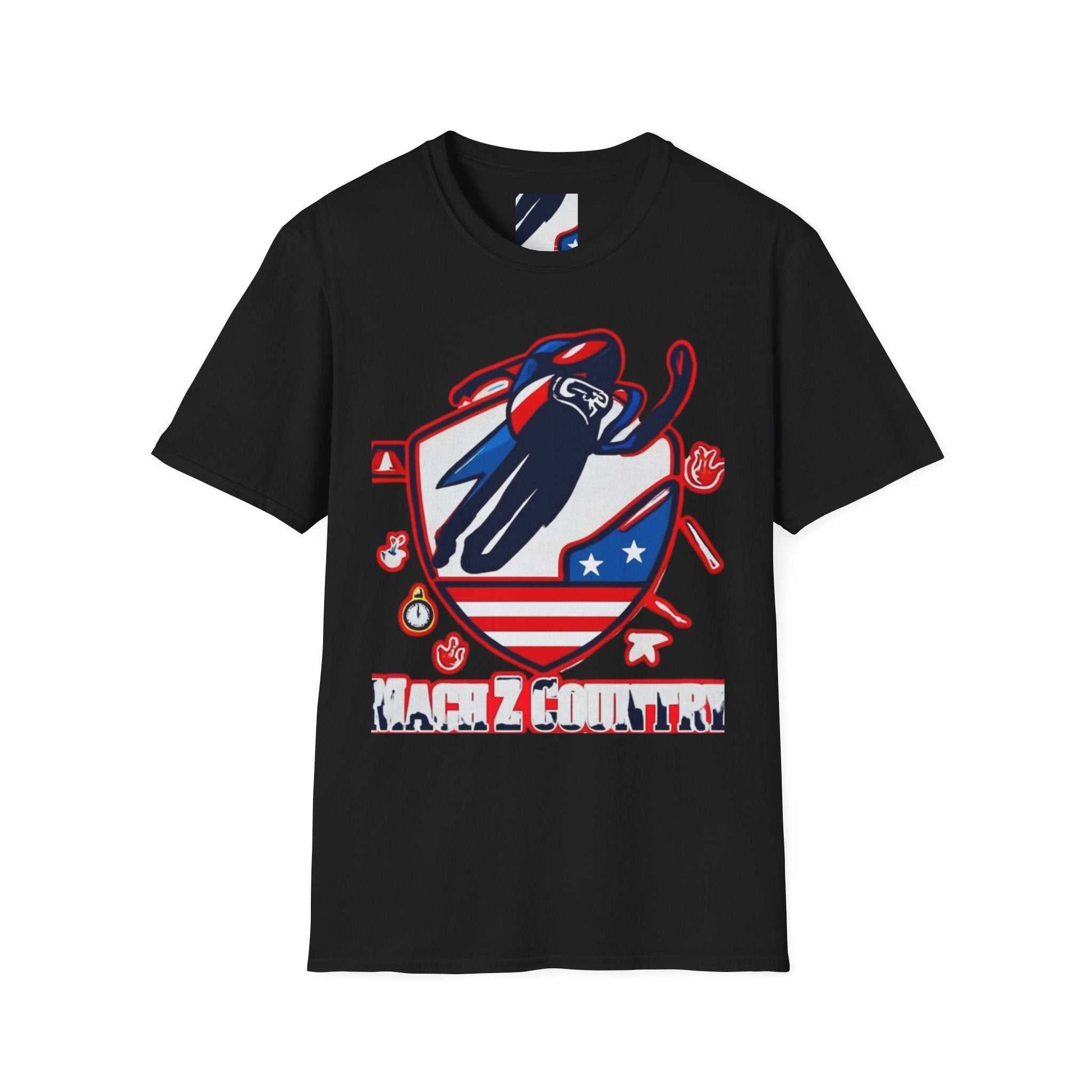 Mach Z Patriotic Ski Shield T Shirt with country graphic and size guide table