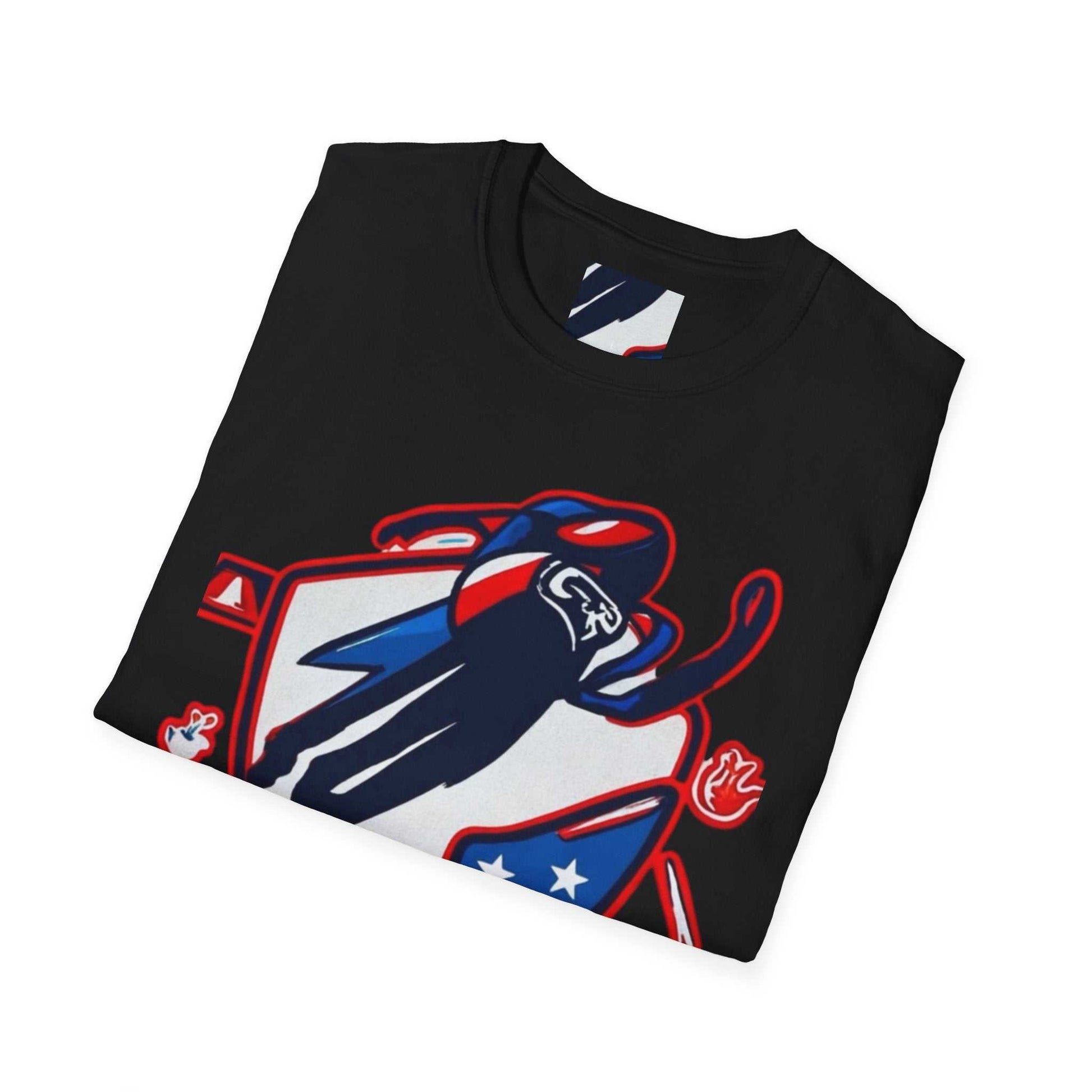 Mach Z Patriotic Ski Shield T Shirt with country graphic design and size chart detail
