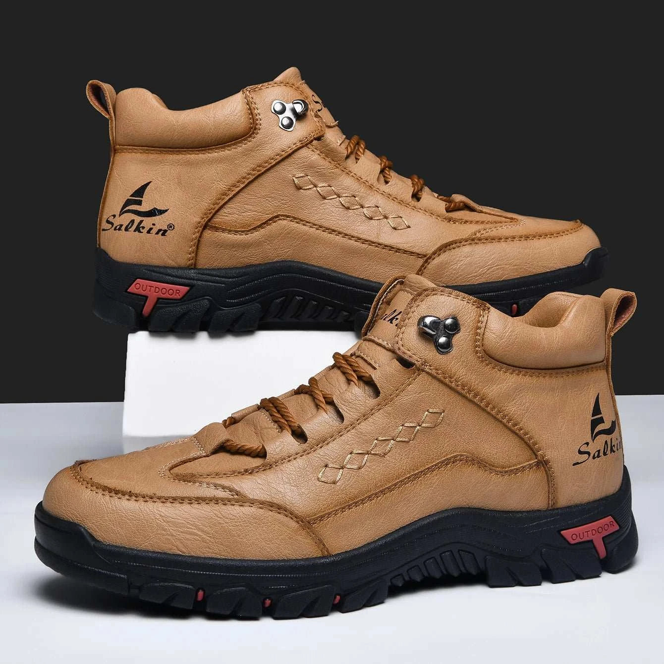 Men leather outdoor boots lace-up ankle casual breathable shoes with rubber outsole and split leather upper