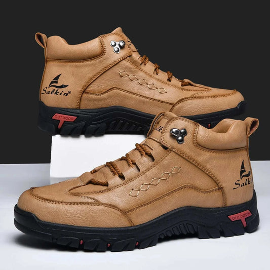Men leather outdoor boots lace-up ankle casual breathable shoes with rubber outsole and split leather upper